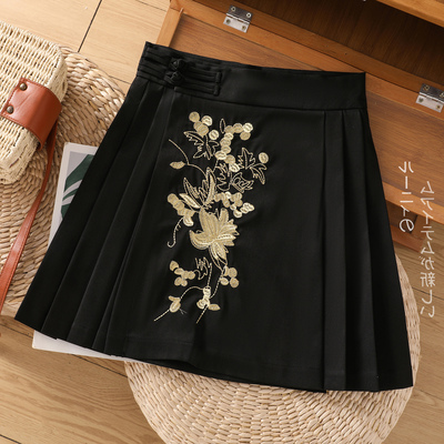 外贸出口中式短款马面裙女夏季重工刺绣百褶小黑裙高级感半身裙潮