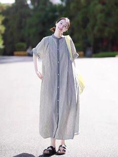 撤柜奥特莱斯法式复古条纹连衣裙女夏季宽松慵懒风宽松衬衫裙