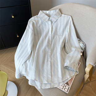 防晒衬衣polo翻领苎麻上衣 日系慵懒风条纹衬衫 女夏季 薄款 亚麻长袖