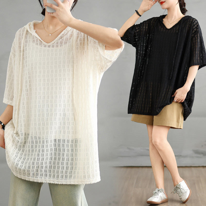 大码宽松慵懒风镂空连帽短袖T恤女夏季中长款罩衫遮屁股洋气上衣