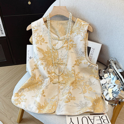 新中式国风提花对襟盘扣坎肩马甲叠穿白色打底衫女秋季唐装两件套