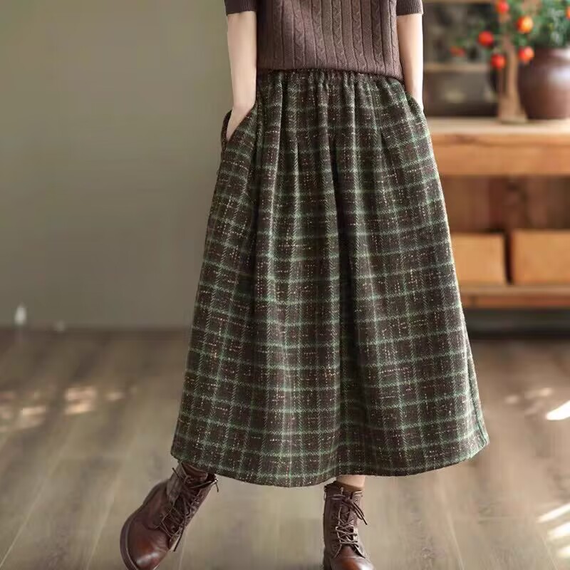 复古格子毛呢半身裙女秋冬
