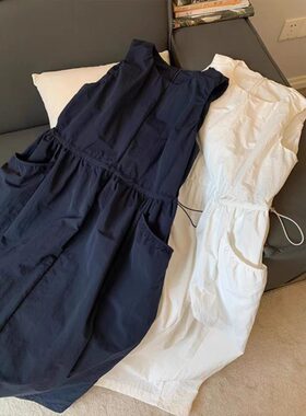 日系设计感白色无袖连衣裙女气质夏季新款独特抽绳收腰背心长裙子