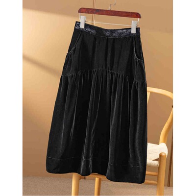 金丝绒百褶黑色半身裙女秋冬高腰垂感a字裙中长款遮胯显瘦伞裙潮