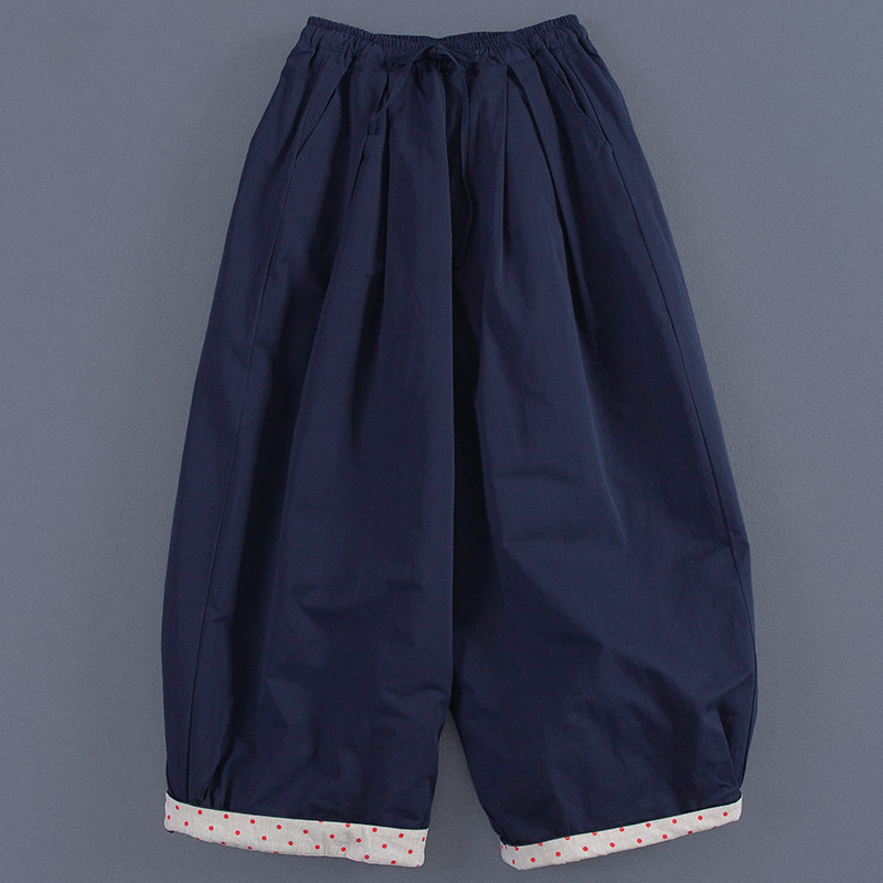 时尚拼接波点阔腿棉裤女冬季胖mm高腰显瘦休闲裤夹棉保暖灯笼裤潮