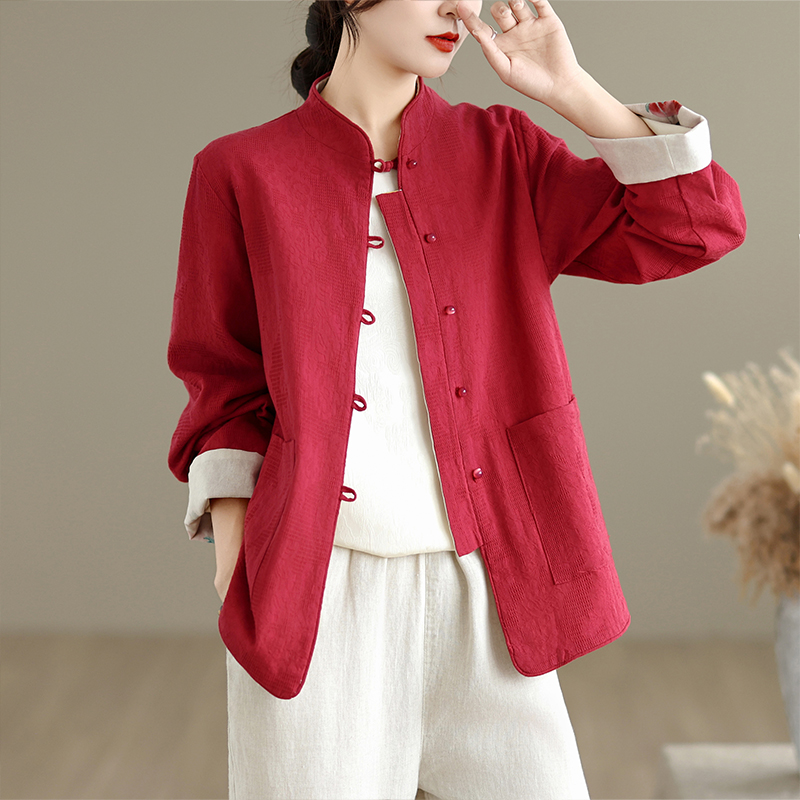 新中式国风双面穿棉麻红色外套女春秋款复古盘扣宽松气质外搭上衣