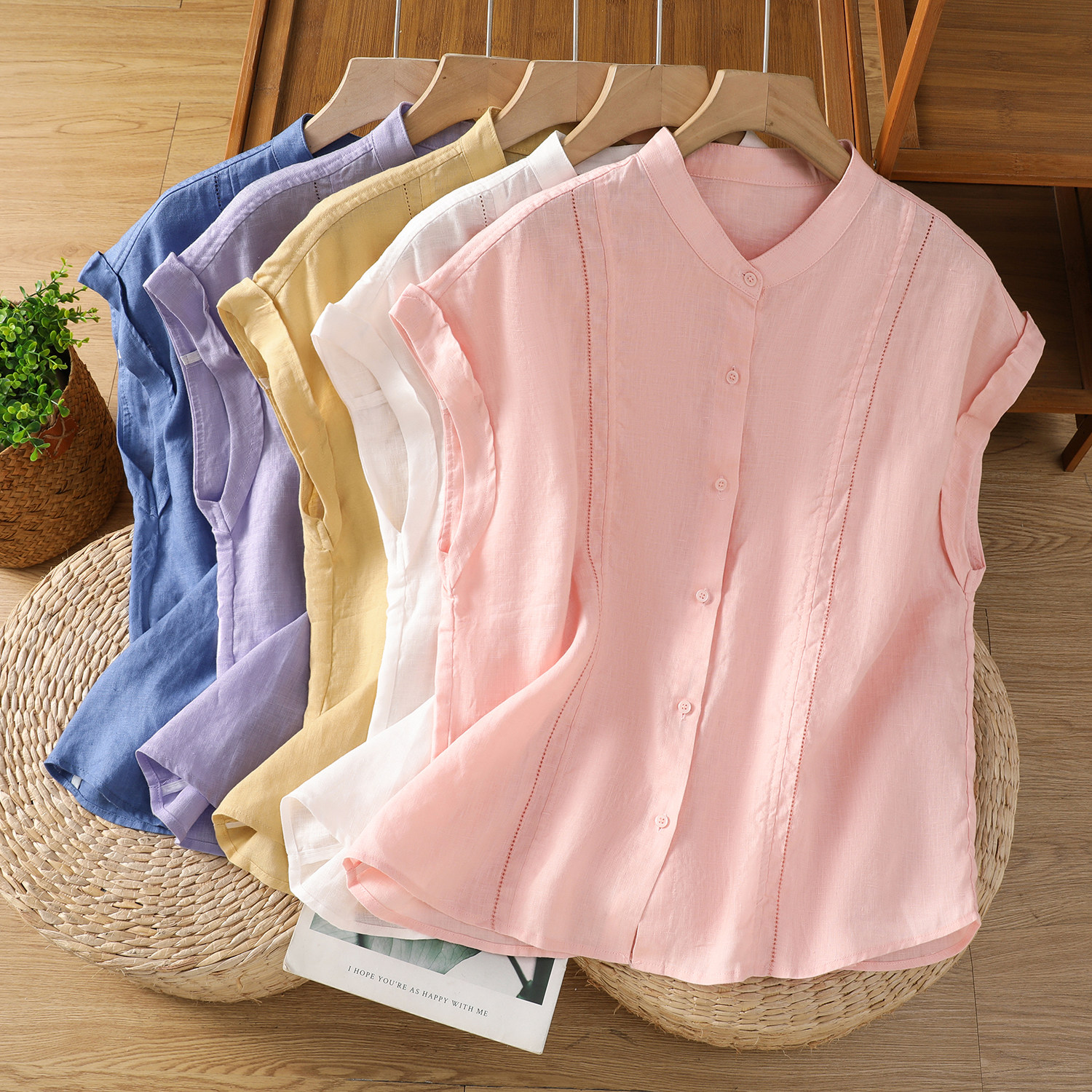 气质亚麻刺绣镂空立领背心衬衫女夏季年轻款减龄棉麻小衫无袖上衣