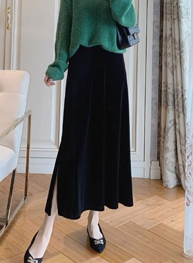 黑色高级感金丝绒半身裙女秋冬新款高腰垂感a字裙中长款鱼尾裙子