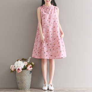 中式 新款 改良旗袍裙子 背心连衣裙女夏季 文艺小清新印花裙棉麻无袖