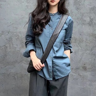 法式雾霾蓝立领衬衫女春秋韩版宽松设计感小众衬衣长袖休闲上衣潮