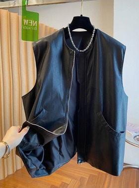 设计感小众黑色PU皮马甲外套女秋装宽松中长款外搭机车坎肩马夹潮