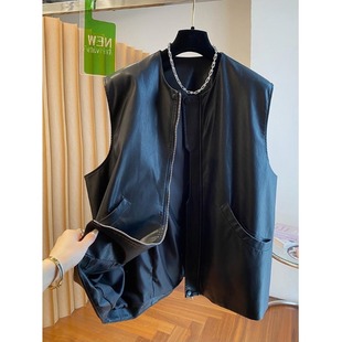 设计感小众黑色PU皮马甲外套女秋装宽松中长款外搭机车坎肩马夹潮