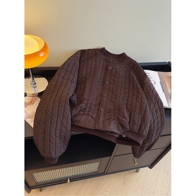 美拉德绗线夹棉棒球服外套女冬装轻便宽松保暖百搭小个子短款上衣