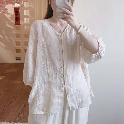 中国风高端刺绣防晒棉麻衬衫女夏季轻薄透气V领小衫气质苎麻上衣