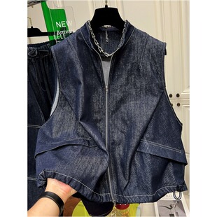 复古明线工装 夹克外搭坎肩 牛仔马甲短外套女春秋洋气时髦抽绳无袖