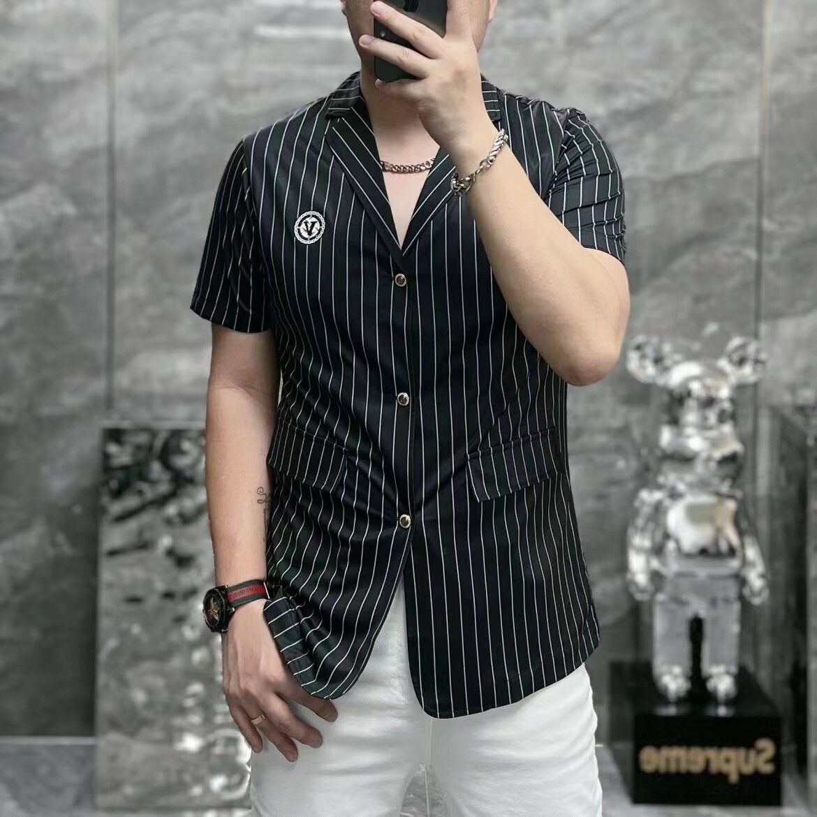 夏季新款欧货男士真丝缎面竖条纹短袖西服潮流无痕显瘦体恤1927