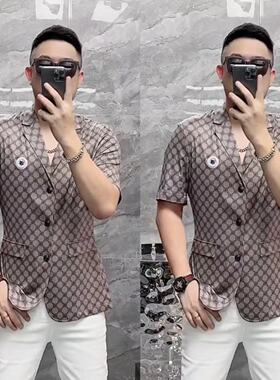 夏季新款欧货男翻领格子花色短袖衬衫显瘦西装半袖polo衫68156