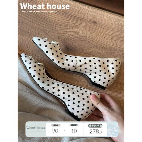 Wheat house ~！法式波点蝴蝶结浅口单鞋女气质内增高玛丽珍鞋子
