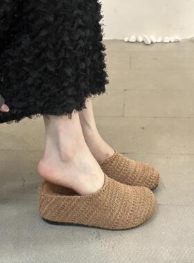 内增高7cm！休闲风编织镂空包头半拖鞋女春夏外穿厚底勃肯凉拖鞋