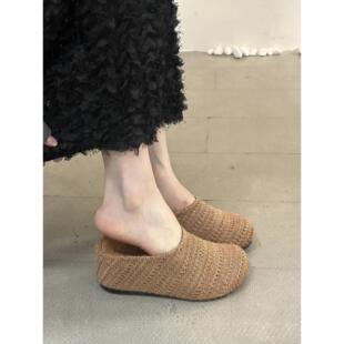女春夏外穿厚底勃肯凉拖鞋 内增高7cm 休闲风编织镂空包头半拖鞋