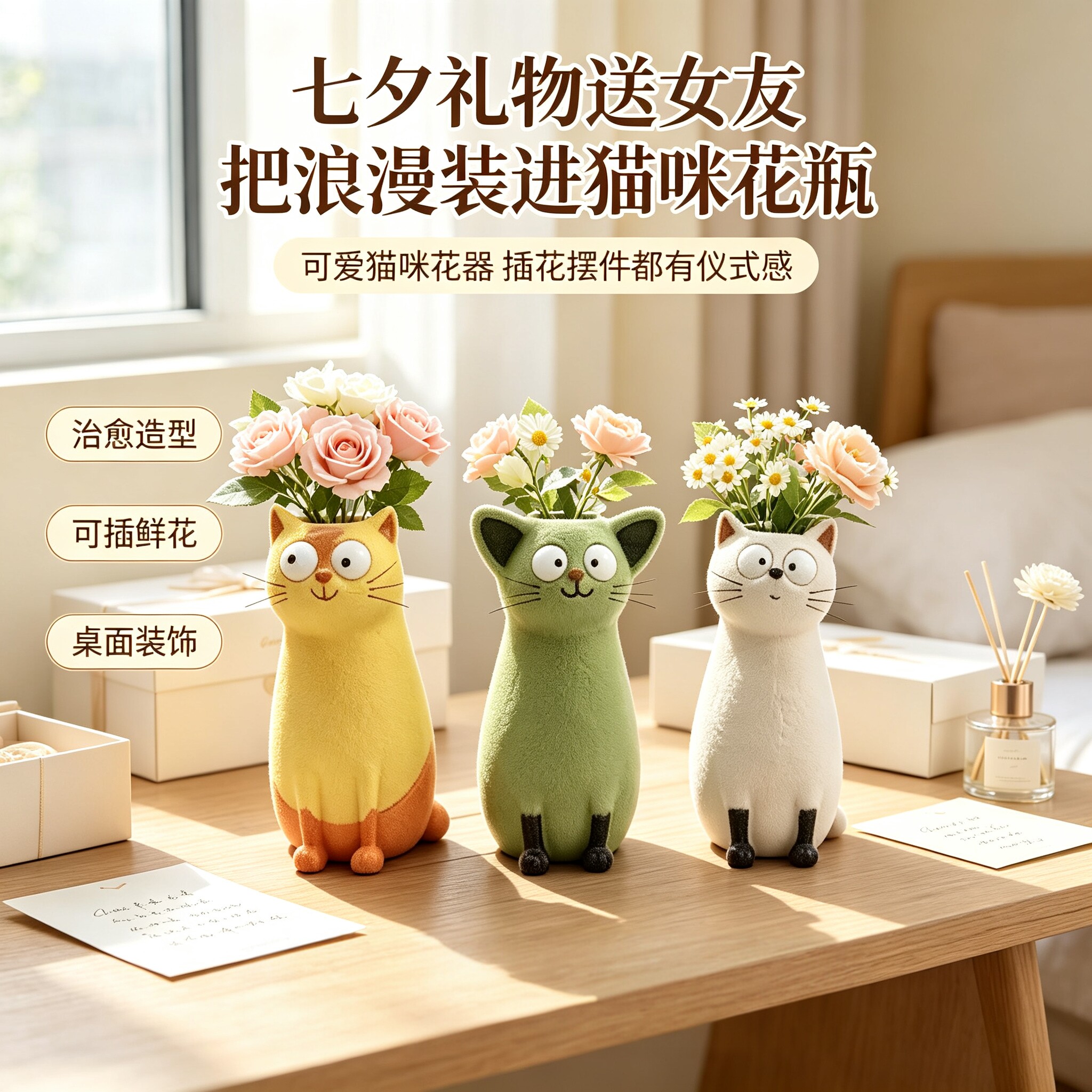 七夕送女友呆萌小猫树脂花瓶