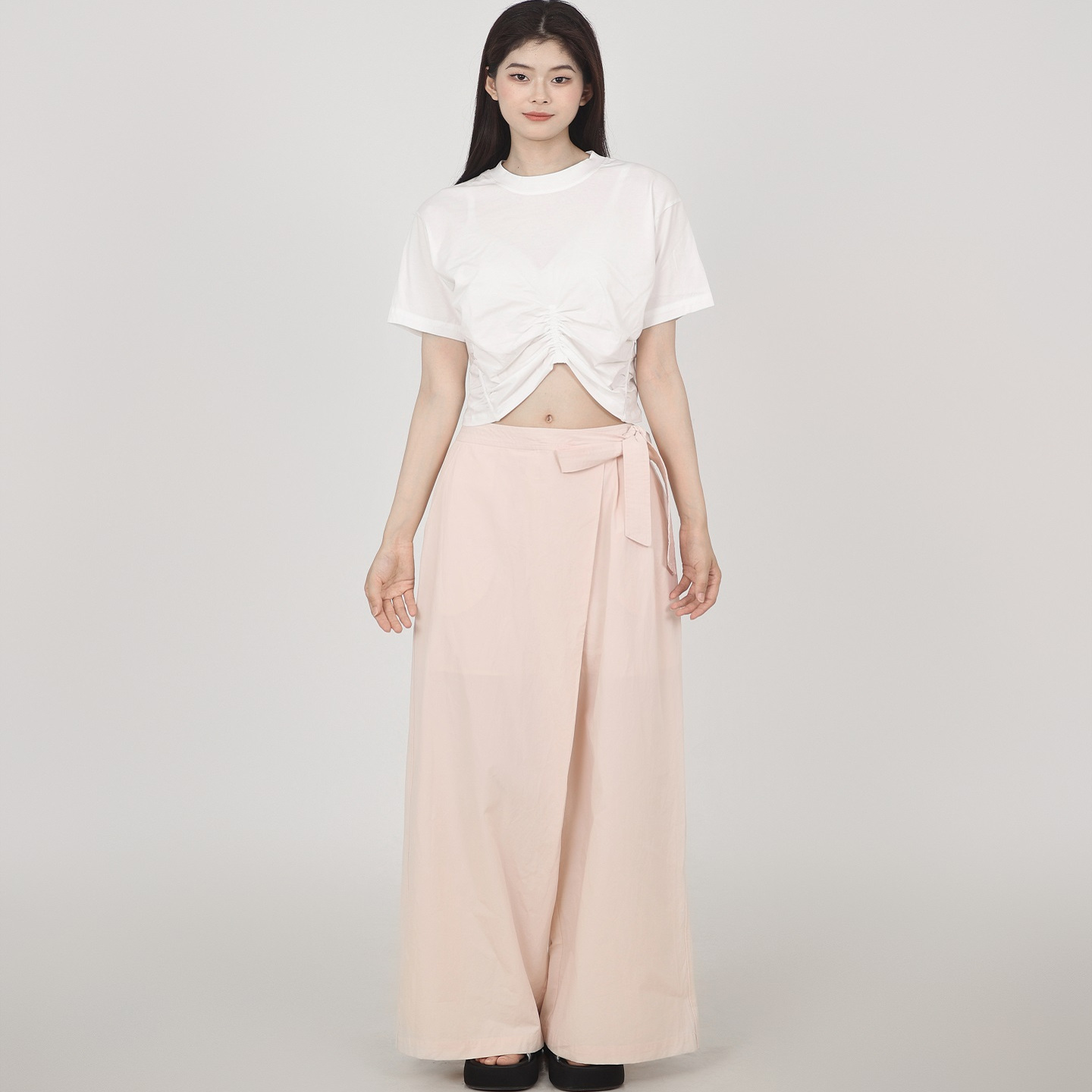 Dong Action宠动 清新纯色圆领运动鱼骨抽皱系带显瘦短款T恤