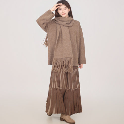 DongAction宠动 慵懒风加厚毛衣间色百褶针织半裙套装