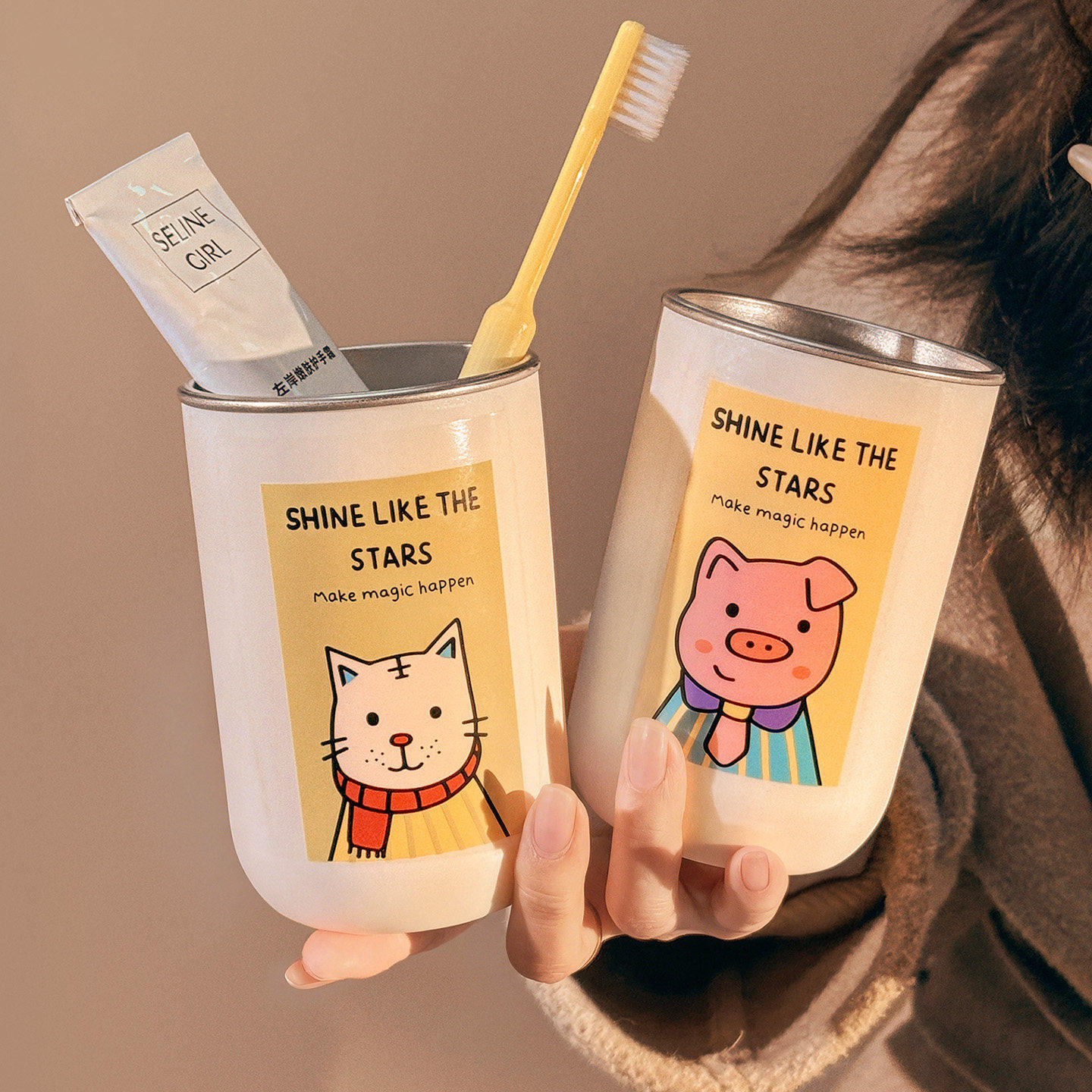 304不锈钢洗漱杯原创卡通小狗家族简约家用高颜值情侣漱口杯