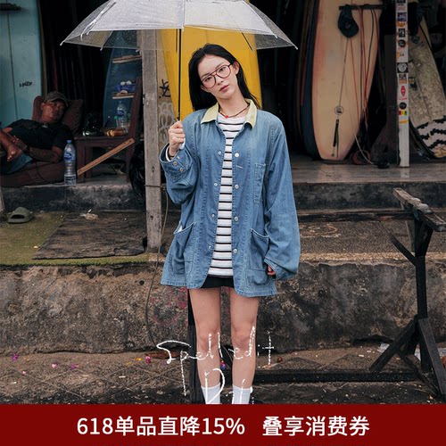春季拼色领宽松牛仔外套女复古