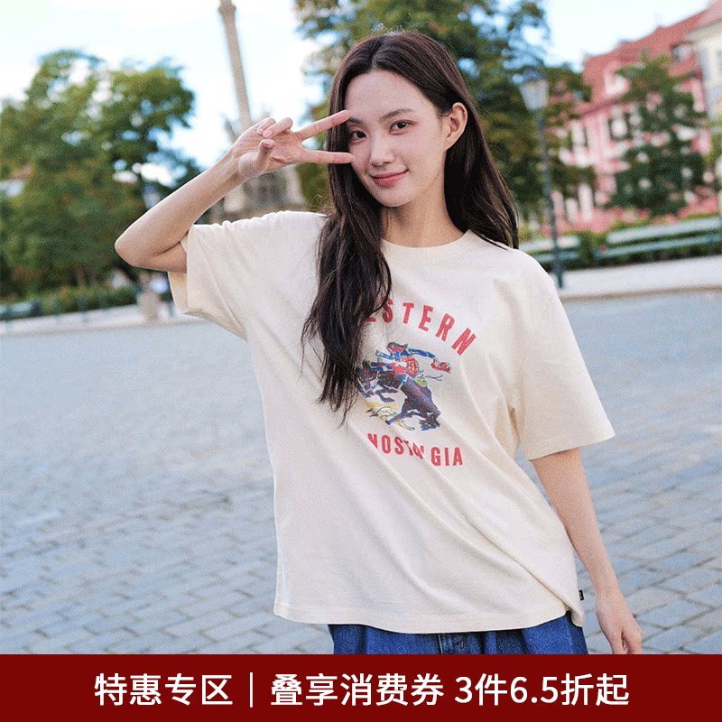 SPELLEDIT秋款复古西部T恤创意设计感图案舒适上衣女