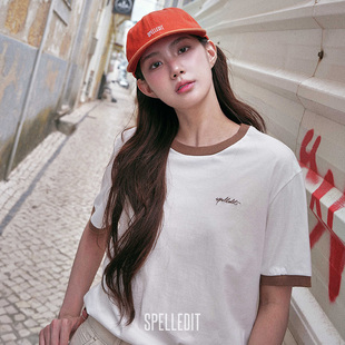 女 SPELLEDIT25年秋季 新品 棕色锁边T恤拼色短袖 宽松上衣白色短袖