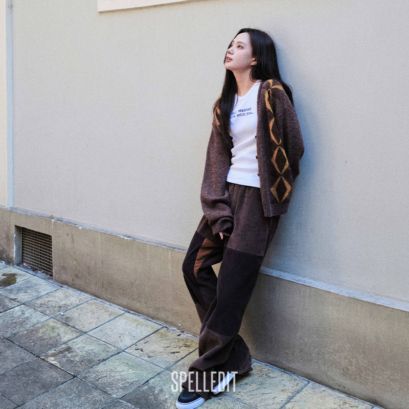 SPELLEDIT韩系灯芯绒拼接休闲裤时尚潮流宽松直筒裤子女