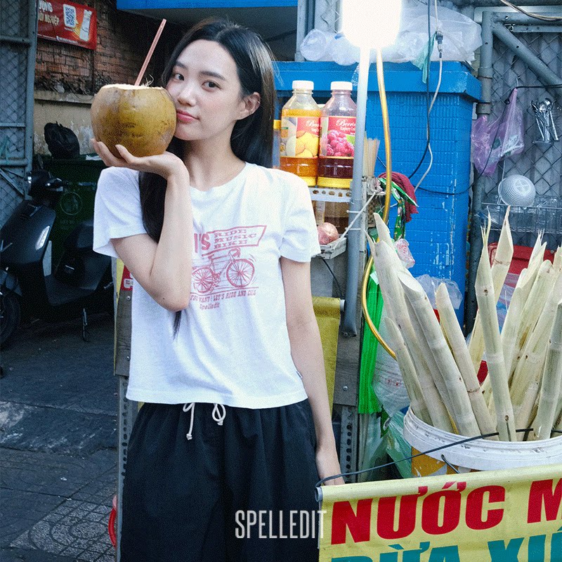 SPELLEDIT夏季自行车T恤个性印花设计修身韩版短款上衣女