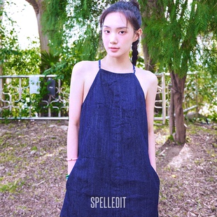 新品 SPELLEDIT2025夏季 牛仔挂脖裙简约休闲宽松棉质吊带裙子女