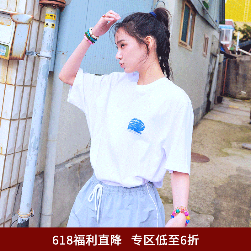 SPELLEDIT清爽西瓜T恤时尚撞色印花宽松短袖上衣女