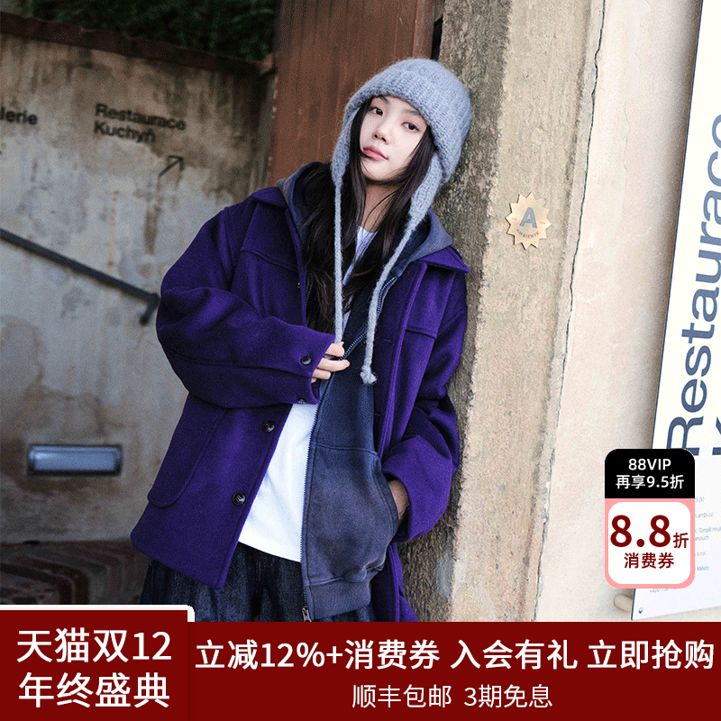 SPELLEDIT2025冬季新品纽扣羊毛外套宽松复古休闲加厚毛呢大衣女