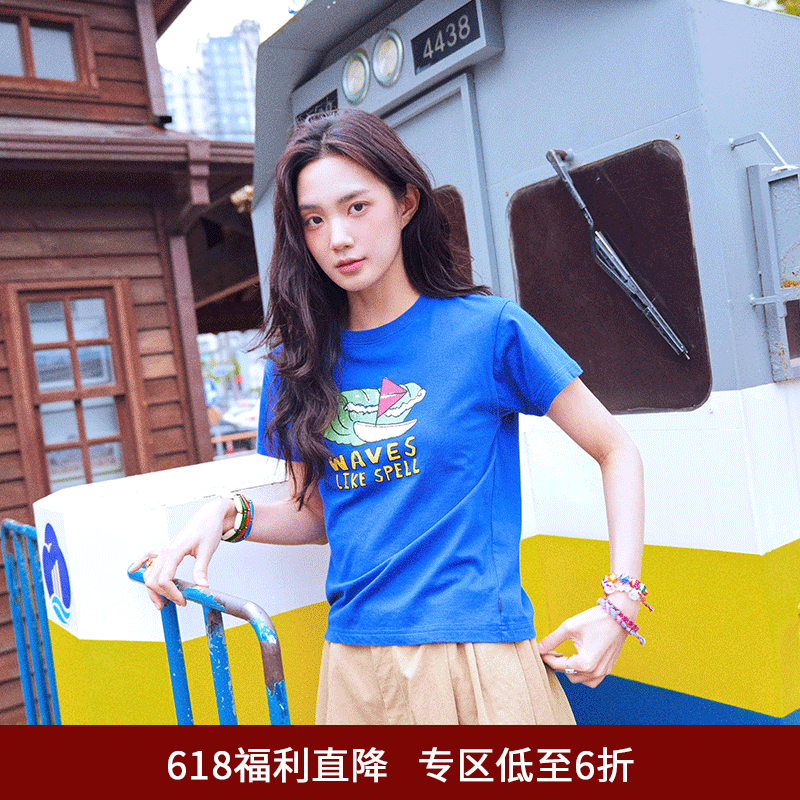 SPELLEDIT海浪帆船T恤创意性趣味印花短袖上衣女