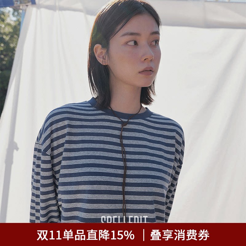 SPELLEDIT2026秋季新品复古条纹长袖T恤韩版时尚宽松休闲上衣女