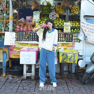 SPELLEDIT2025年春季 棉质舒适上衣女 新品 拼色翻领T恤撞色设计时尚