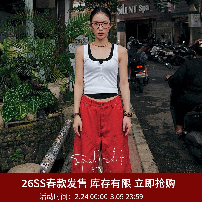 SPELLEDIT2026春季新品牛津工装7分裤复古宽松时尚休闲阔腿裤子女