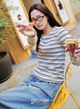 SPELLEDIT2025冬季新品条纹修身长袖T恤韩系复古打底衫圆领上衣女