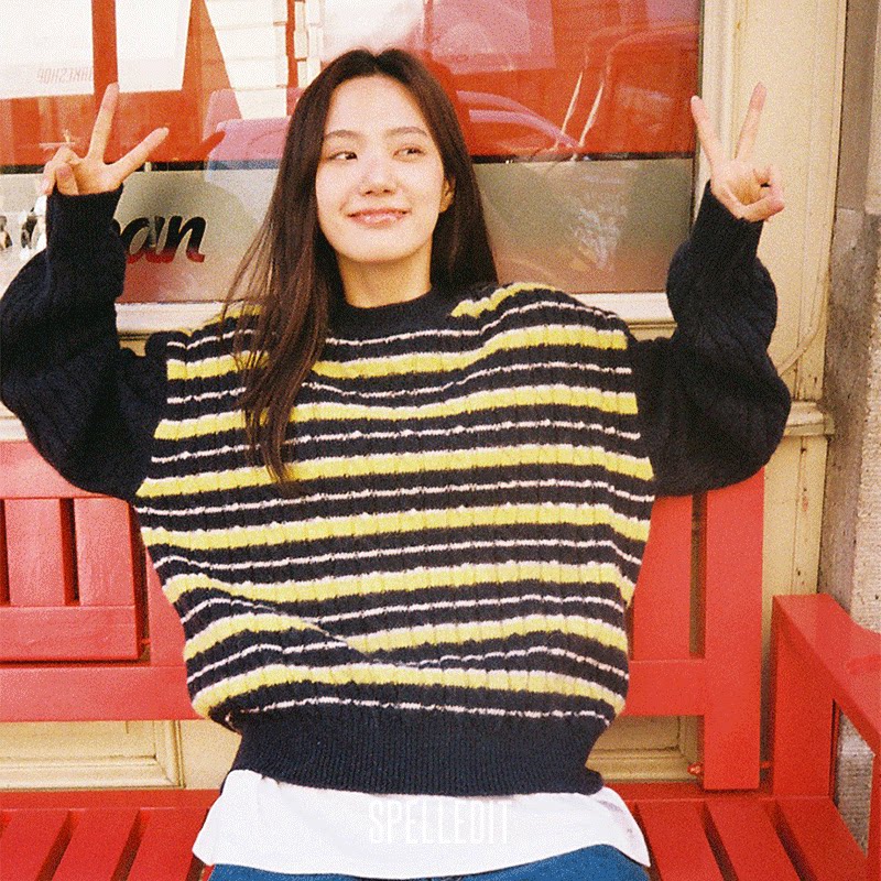 SPELLEIDT韩国设计师款拼色条纹毛衣复古宽松针织衫女