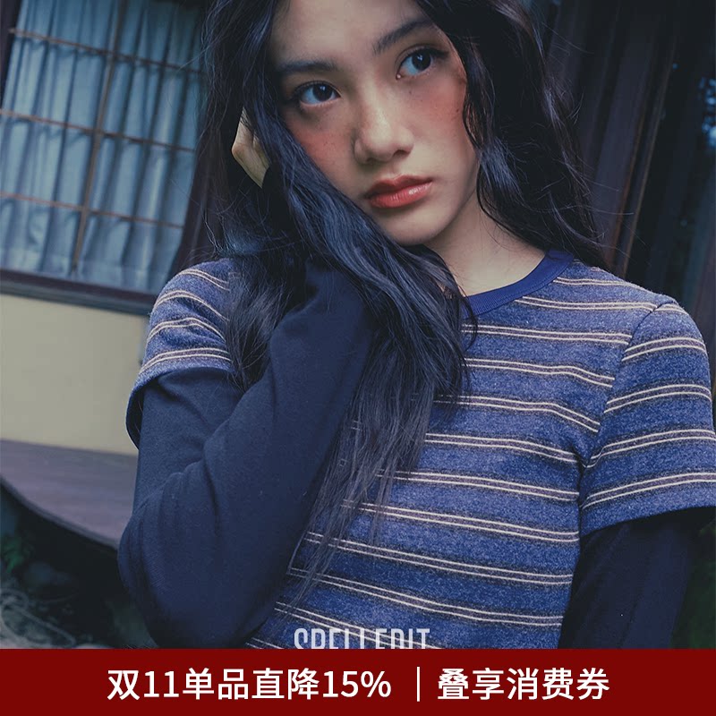SPELLEDIT2026冬季新品条纹假两件修身T恤撞色复古休闲长袖上衣女