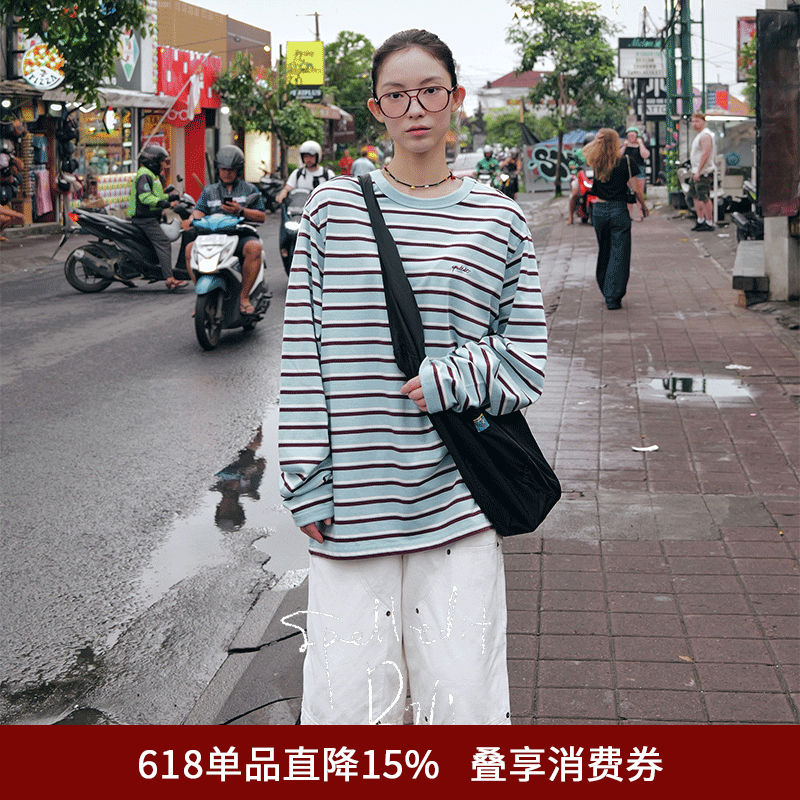 SPELLEDIT2026年春季新品撞色条纹长袖T恤休闲复古风上衣宽松女装