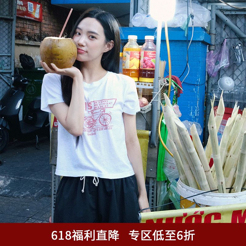 SPELLEDIT夏季自行车T恤个性印花设计修身韩版短款上衣女