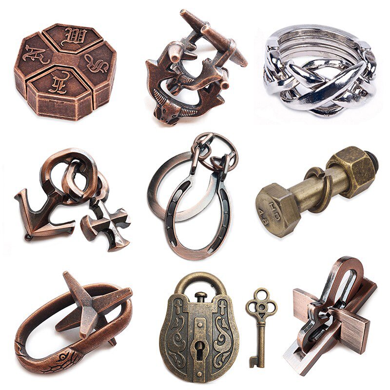 魔puzzle金锁全套烧脑益智玩具四方鲁班锁金属笼中星笼中取球刺