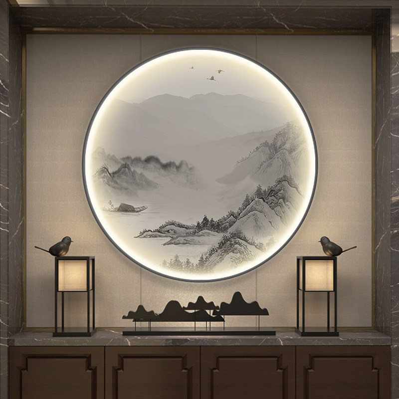 新中式玄关led装饰画客厅餐厅背景墙圆形带灯山水挂画茶室禅网红图片