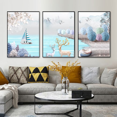 客厅定做沙发背景墙轻奢风三联画
