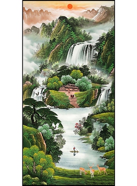 入口装饰画，入口山水画，新中国风竖版，过道走廊壁画，办公室聚