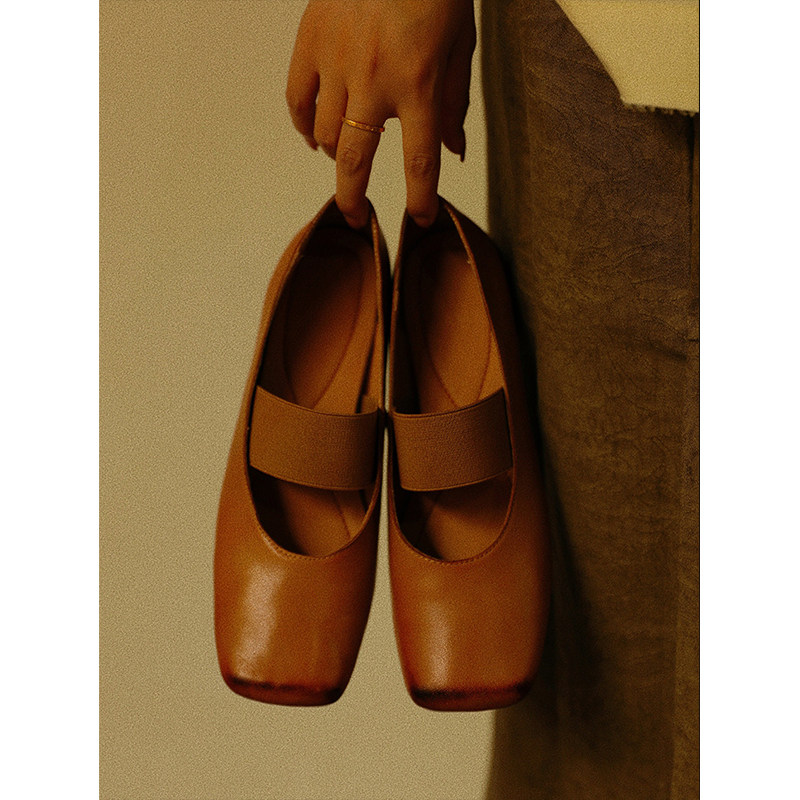 敦绿岛&middot;奶酪芭蕾鞋｜一字带真皮低跟粗跟玛丽珍单鞋方头芭蕾舞女